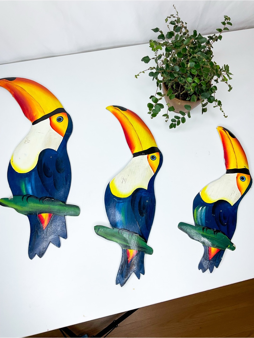 VINTAGE Hand-Painted Toucan Wall Art - Vibrant Yellow & Blue - Set Of 3